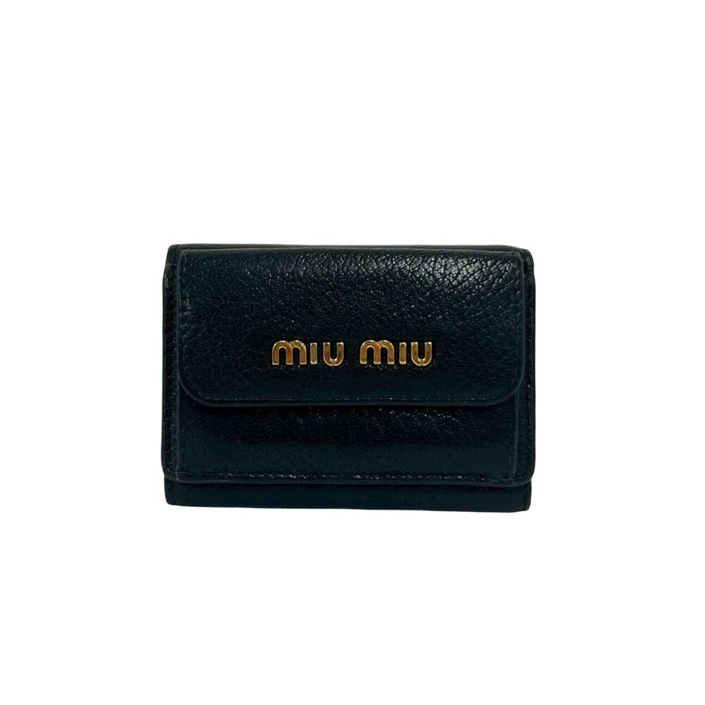 MIUMIU Miu Logo Hardware Leather Tri-fold Wallet Mini Coin Purse Billfold Bus...